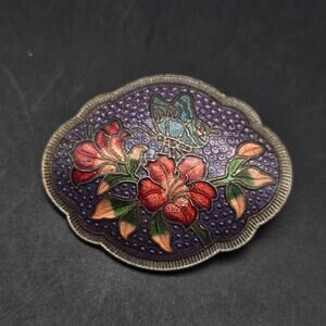 Cloisonne Butterfly Flower Brooch Oval Vintage Enamel Jewelry